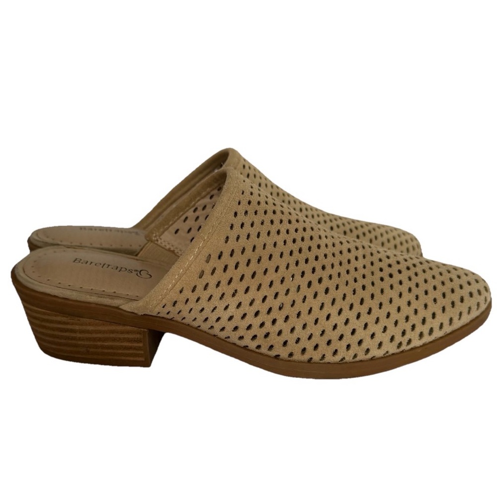 Baretraps Glynda Perforated Suede Mule Sz 8 Slip On Clogs Block Heel Slides Tan